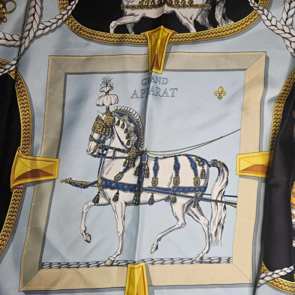 Hermes Grand Apparat Silk Scarf Jacques Eudel Blue‎ Black Gold Equestrian 16.5in